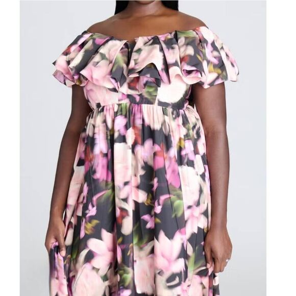 NWT Eloquii Plus Size 20 Ruffle Neckline Floral Dress in Blurry Blooms - Picture 3 of 5